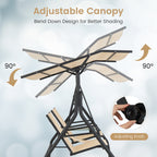 2-Seat Outdoor Cushioned Porch Swing with Adjustable Canopy and Tempered Glass Table