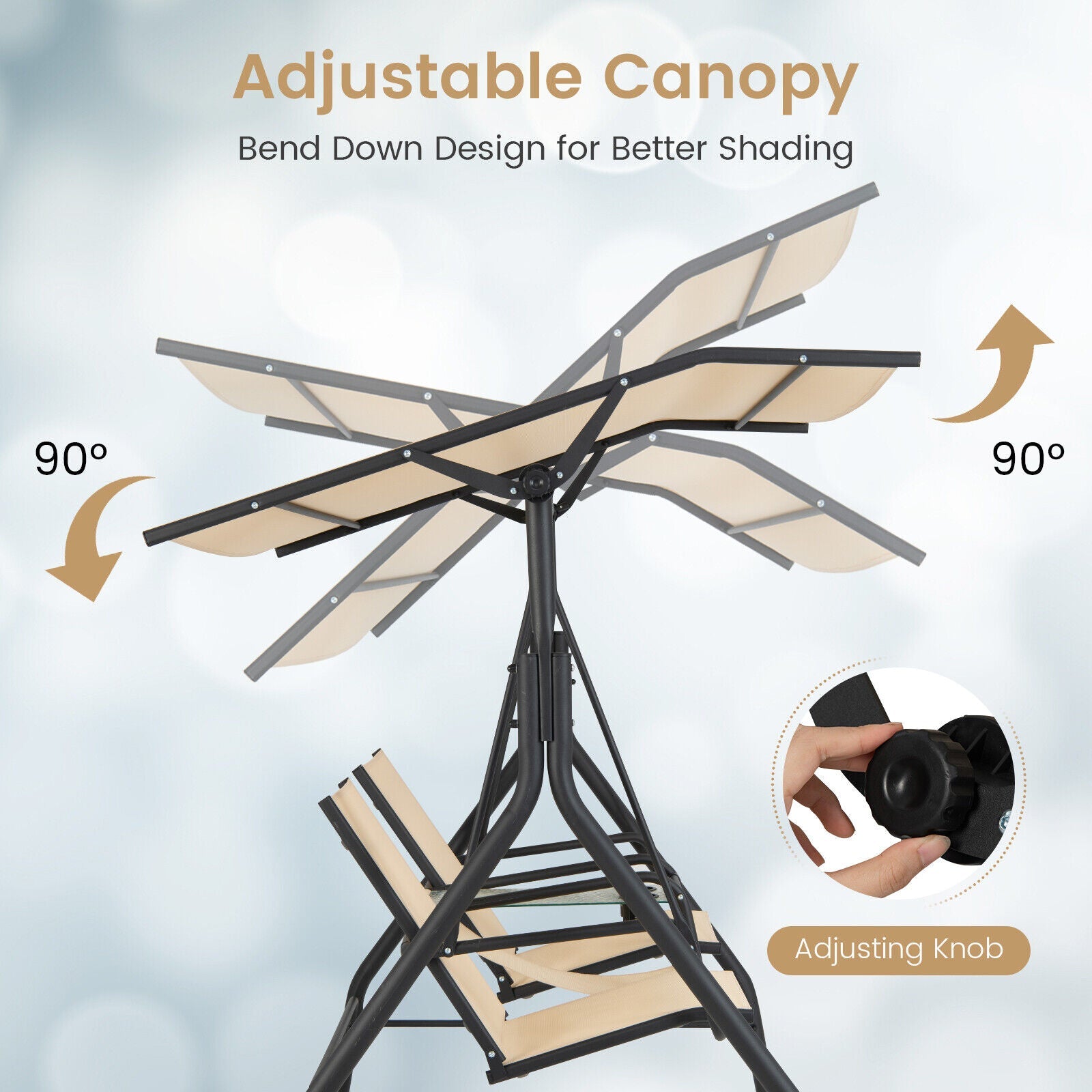 2-Seat Outdoor Cushioned Porch Swing with Adjustable Canopy and Tempered Glass Table