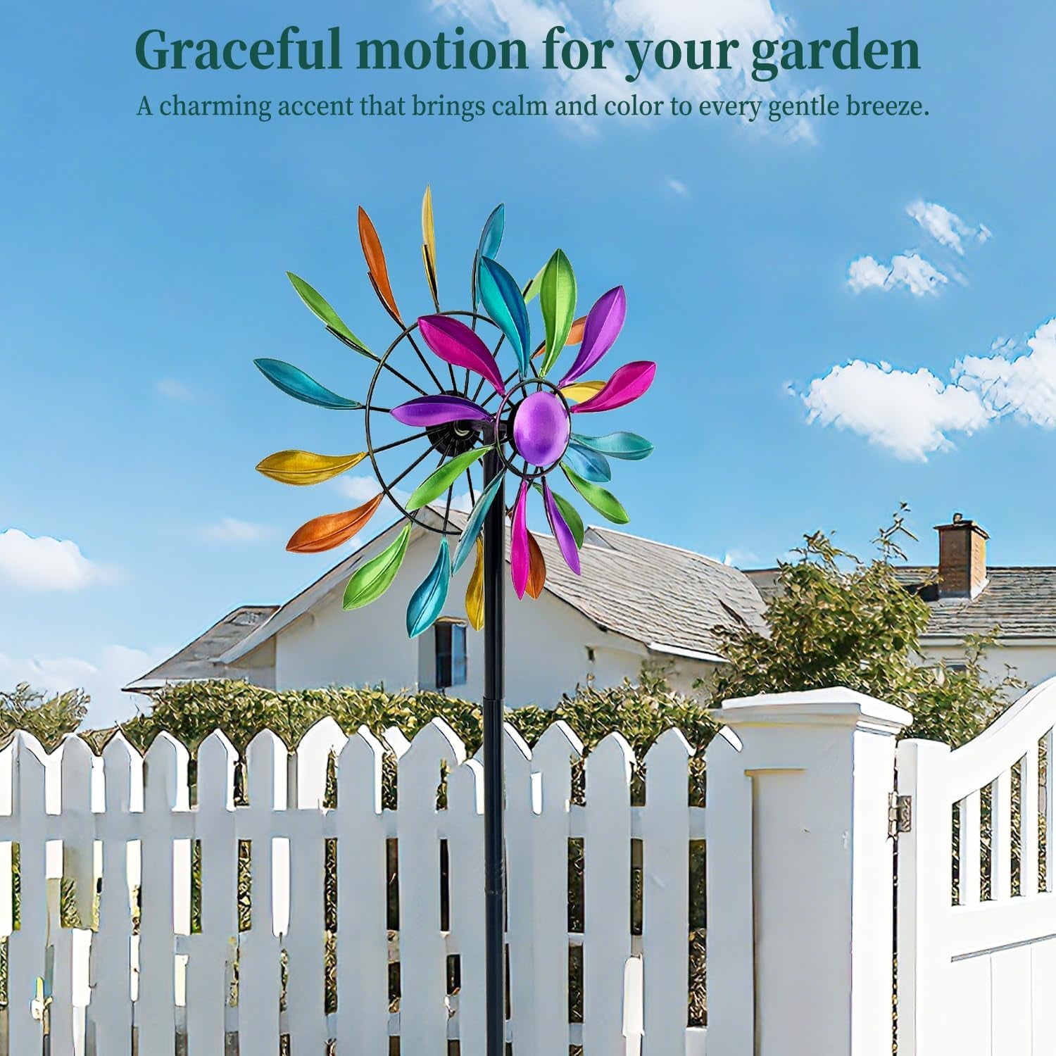 Wind Spinners Outdoor Metal, 360Â° Kinetic Wind Spinner with Stake, Metal Garden Yard Patio Lawn Windmill Decor (12.6" Dia, 56.7" H, Rainbow Petal)