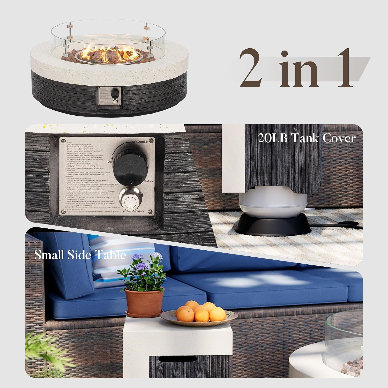 42" Outdoor Propane Fire Pit Table W Tank Cover & Wind Guard, round Gas Fire Pit Table with Concrete & Wood Grain Design, 50000BTU Fire Tables for Patio, Backyard, Garden