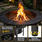 Trumanpick Fire Pit for outside 42" Wood Burning Fire Pit Tables with 2 Adjustable Swivel BBQ Grills, Lid, Poker for Patio Backyard BBQ Ice Storage