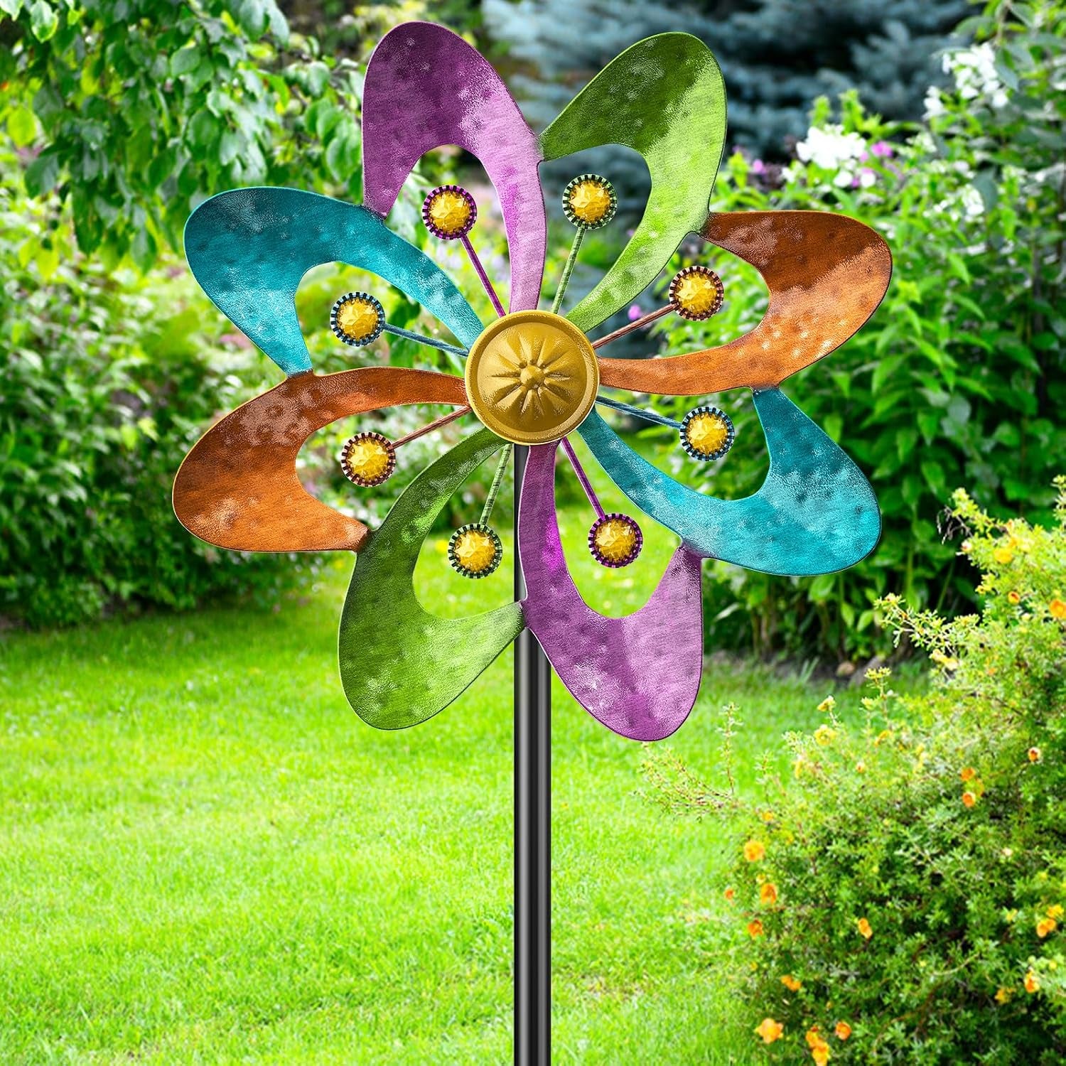 Metal Wind Spinners Outdoor, 360Â° Wind Sculpture Spinner with Metal Stake, Waterproof Spinners Green Kinetic Wind Spinner for Yard Lawn Decor (A- Colourful 1PC)