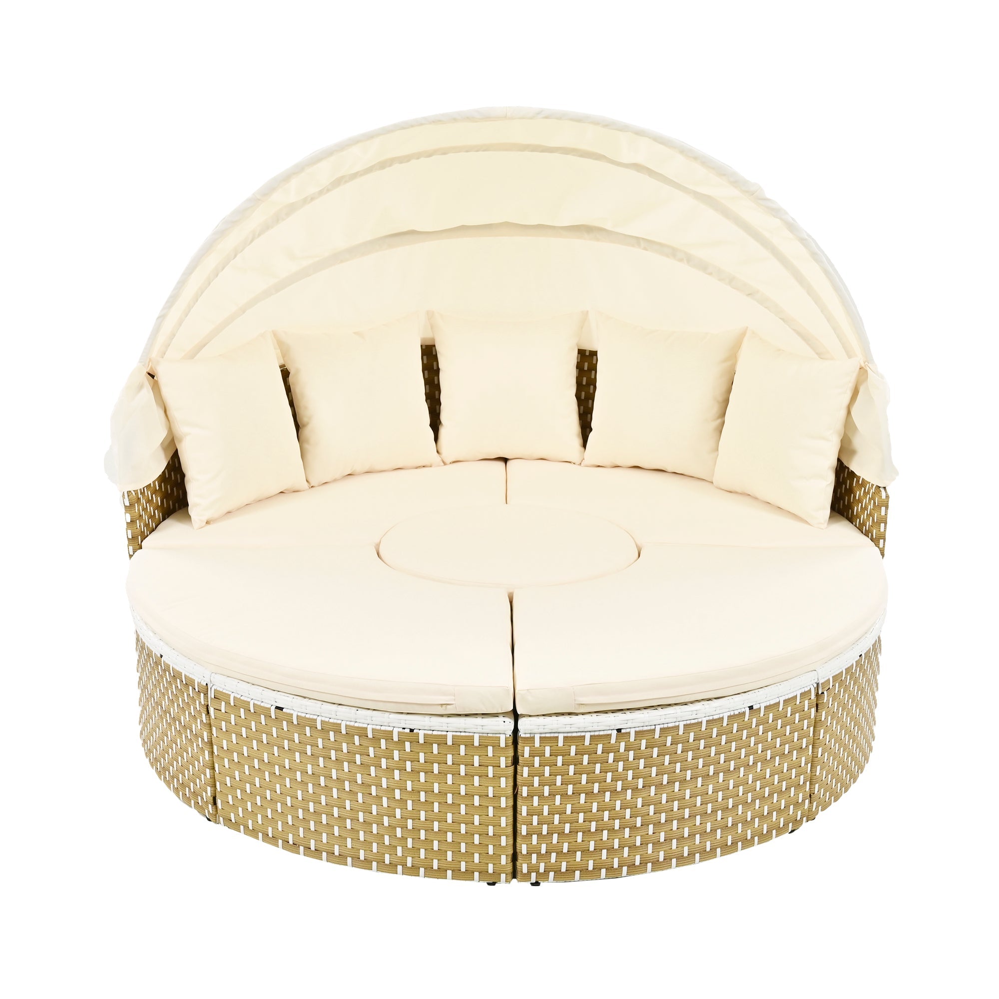 Outdoor Patio Round Rattan Daybed Sectional Beige Retractable Canopy