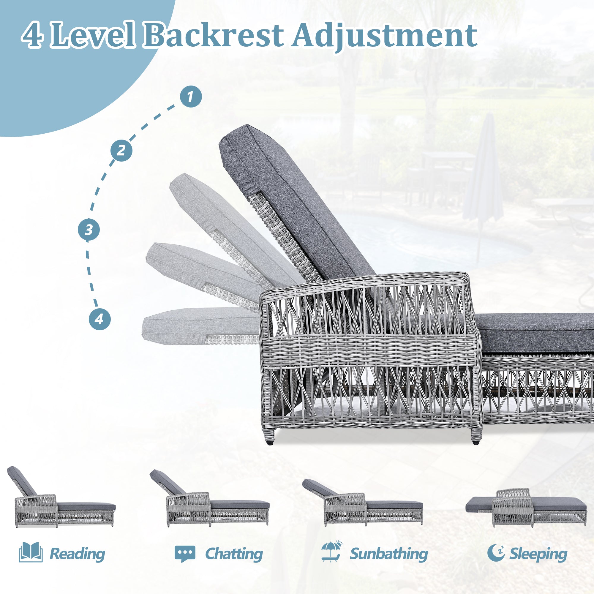 Outdoor Long Reclining Chaise with Armrests and Cushions