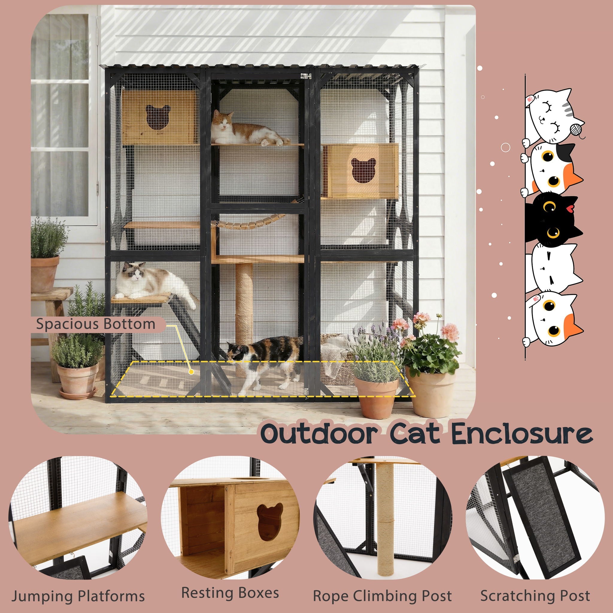 Outdoor Cat Enclosure With Sleeping Houses, Jumping Platforms, & Scratching Post