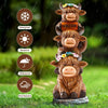 Garden Highland Cow Statue Solar Outdoor Decor with Flower Decoration Funny Triple Highland Cow Decor