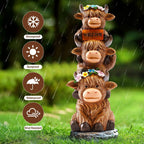 Garden Highland Cow Statue Solar Outdoor Decor with Flower Decoration Funny Triple Highland Cow Decor