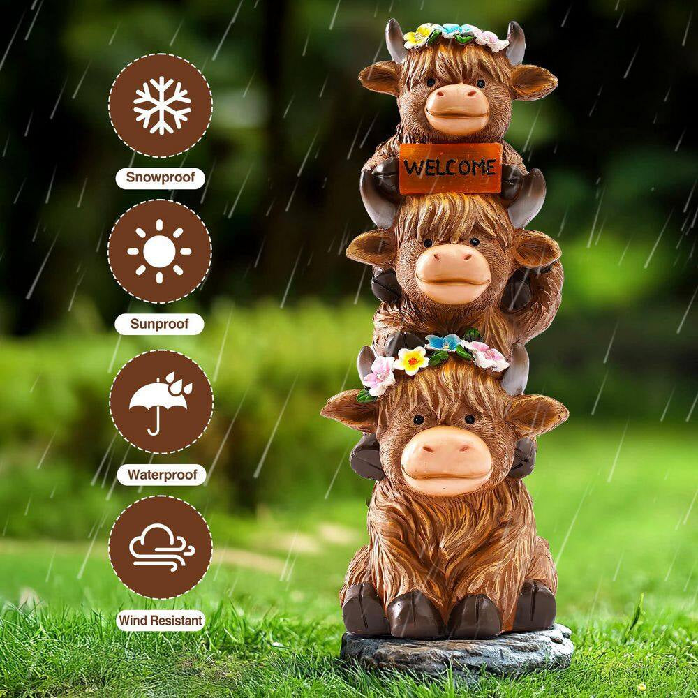 Garden Highland Cow Statue Solar Outdoor Decor with Flower Decoration Funny Triple Highland Cow Decor