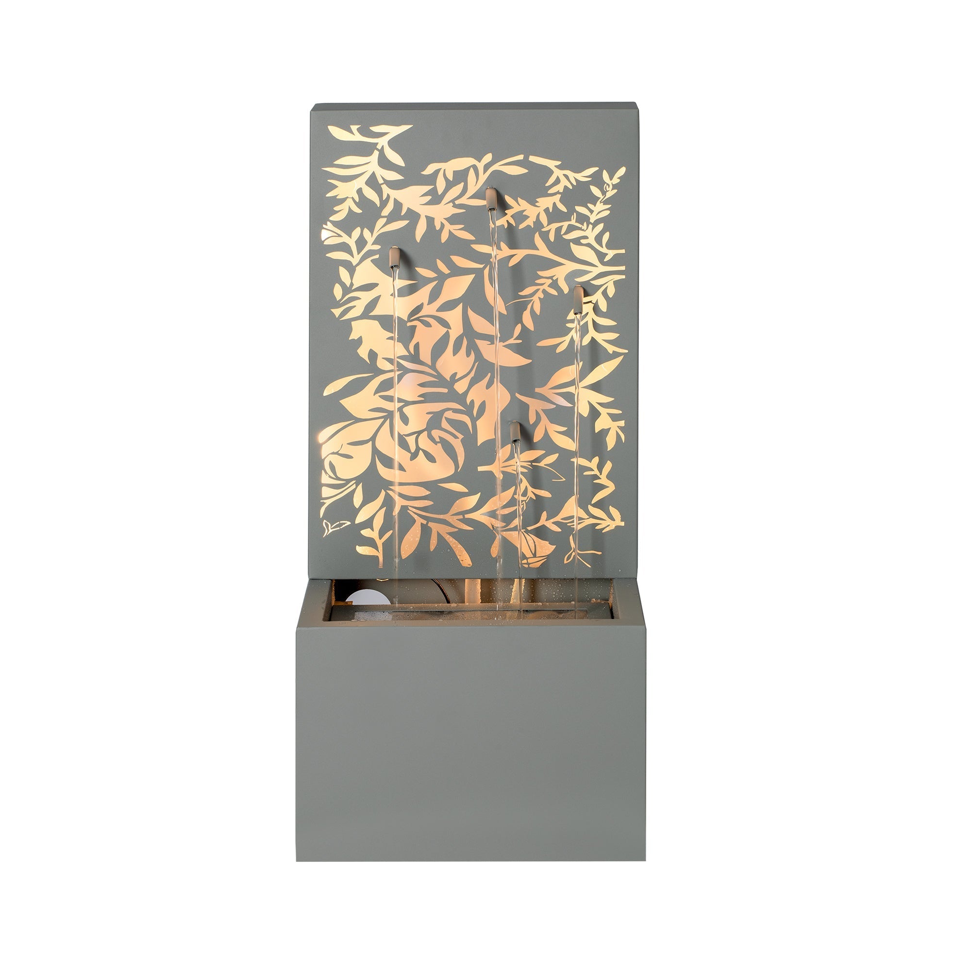 30.71' Light Gray Metal Leaf Cutout Outdoor Water Wall Fountain with LED Lights