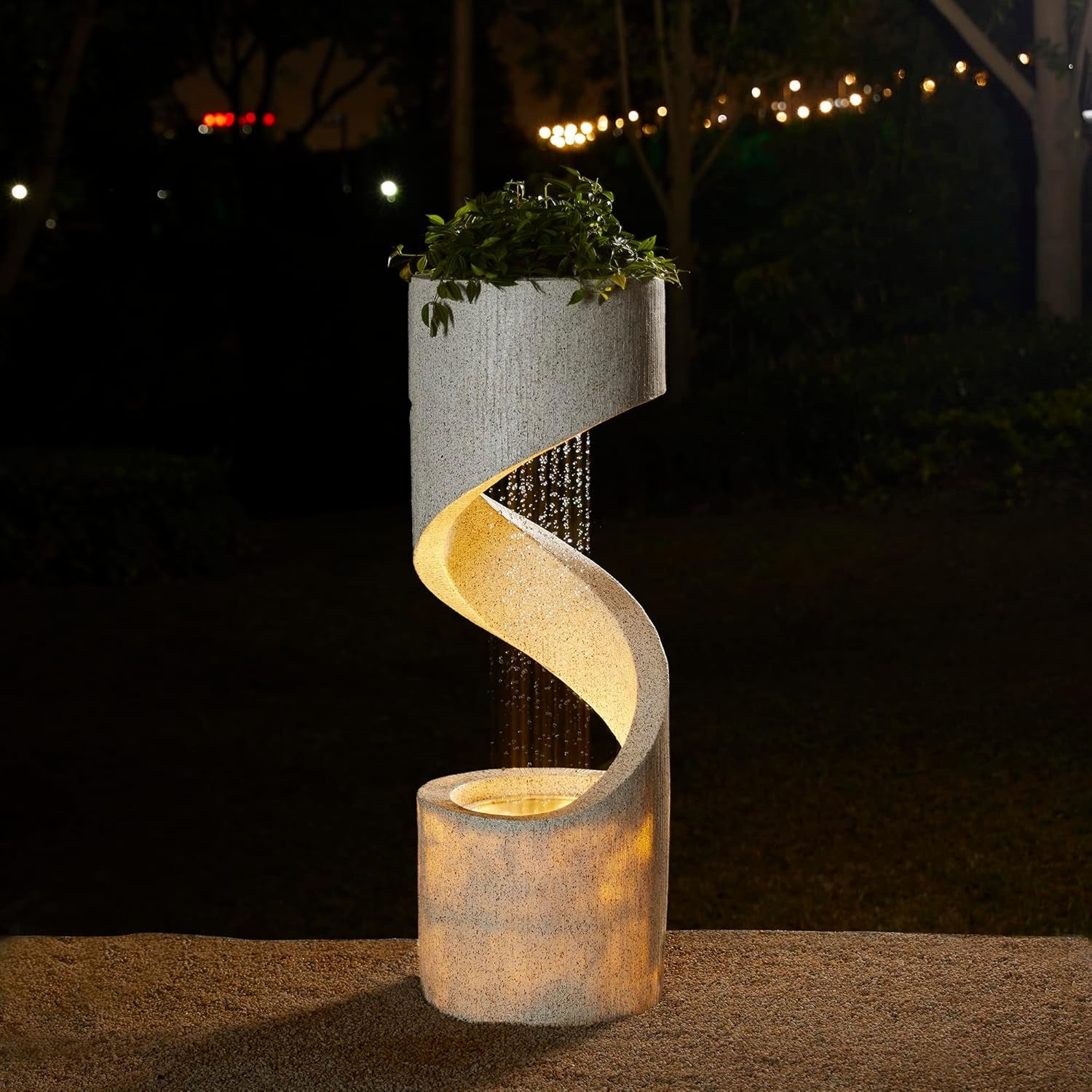 Outdoor Water Fountain with LED Light, Modren Curved Waterfall Fountain with Stone Planter, Faux Terrazzo Spiral Shaped Outdoor Fountains Water Feature for Garden Patio Deck Porch, 40.25â€H