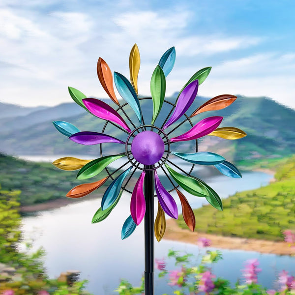 Wind Spinners Outdoor Metal, 360Â° Kinetic Wind Spinner with Stake, Metal Garden Yard Patio Lawn Windmill Decor (12.6" Dia, 56.7" H, Rainbow Petal)