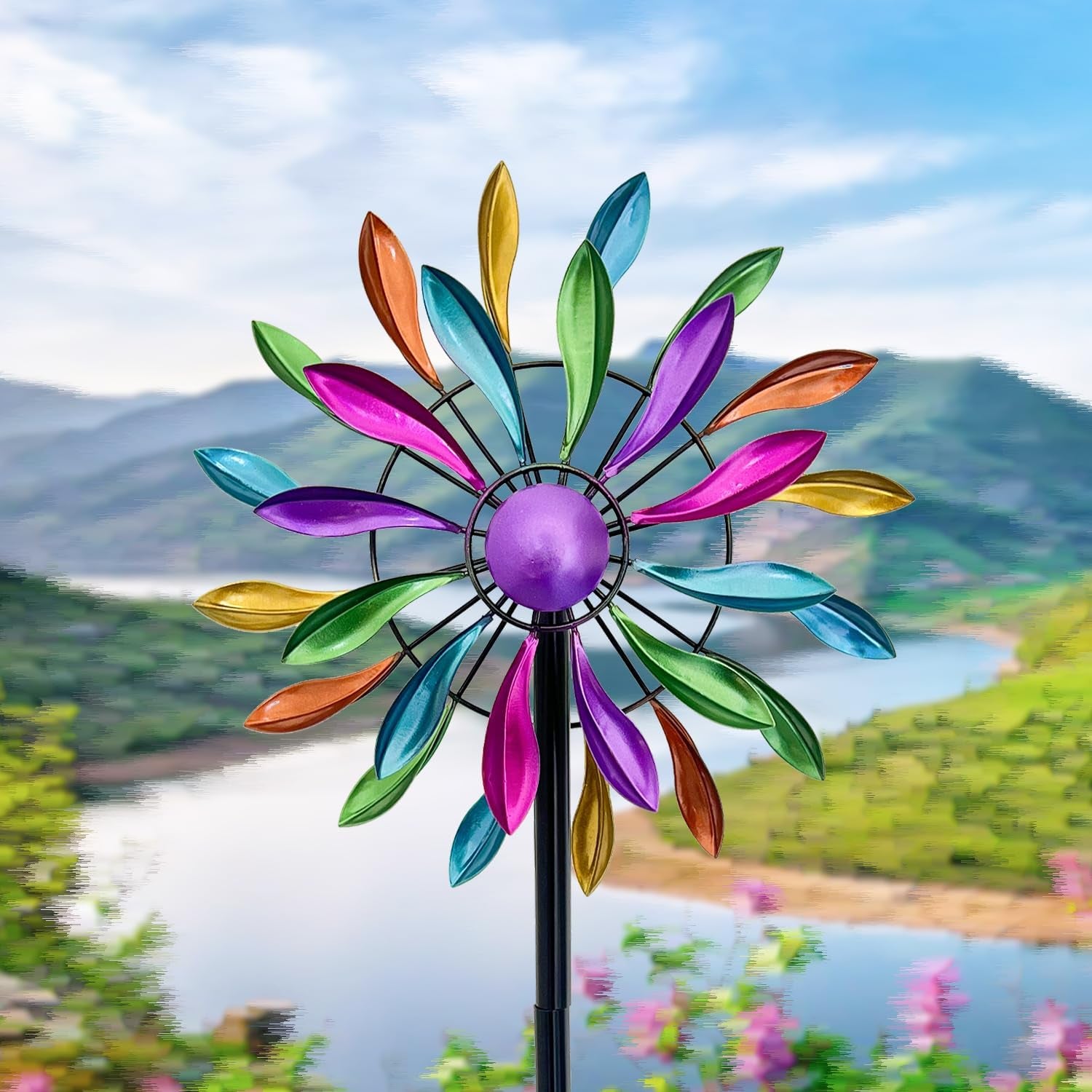 Wind Spinners Outdoor Metal, 360Â° Kinetic Wind Spinner with Stake, Metal Garden Yard Patio Lawn Windmill Decor (12.6" Dia, 56.7" H, Rainbow Petal)