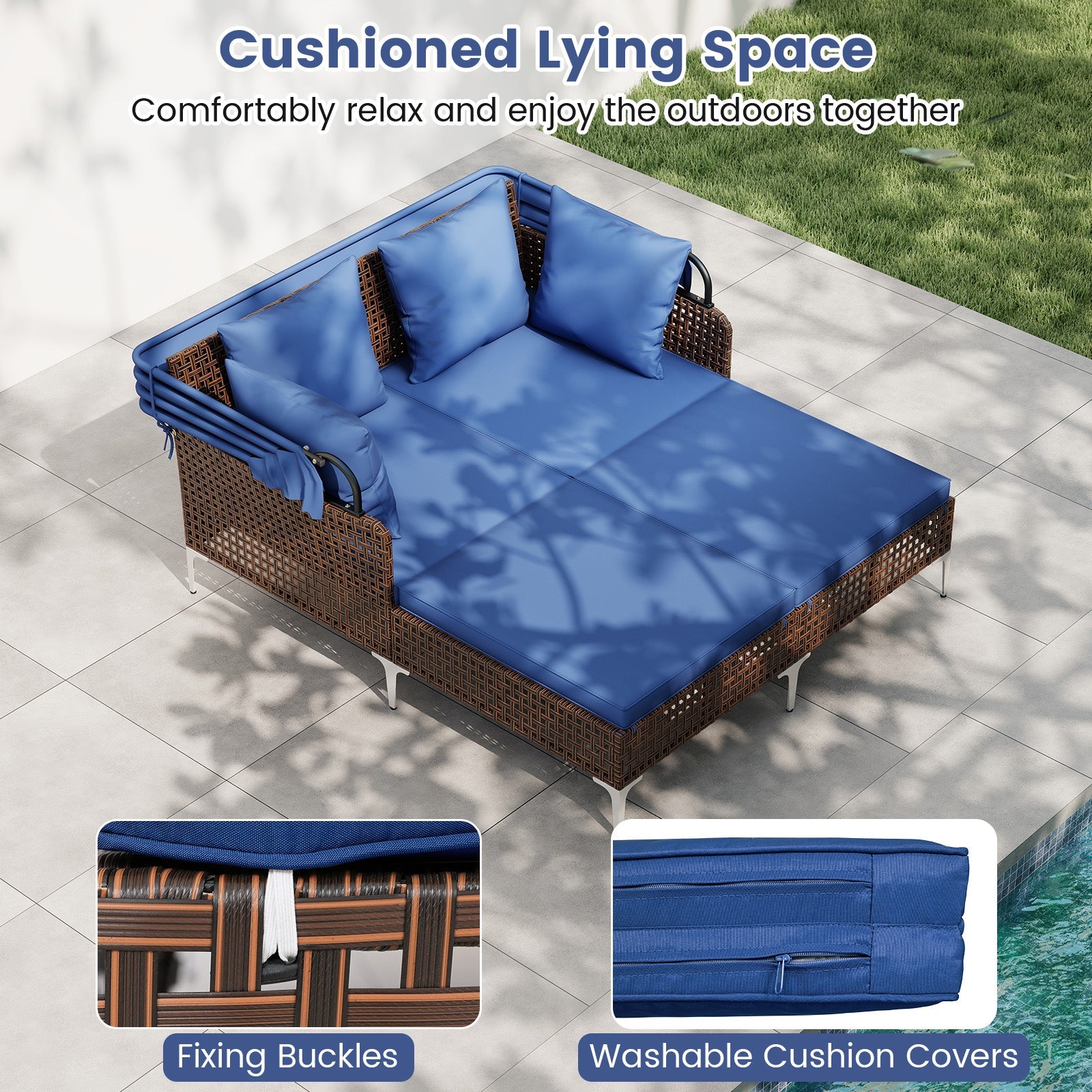 Outdoor Daybed with Retractable Canopy - Wicker Rattan Patio Lounger