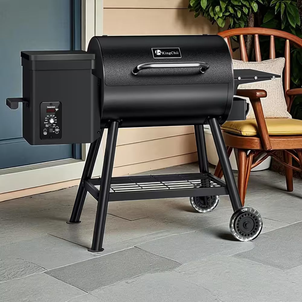 KingChii - 456 Sq. In. Wood Pellet Grill and Smoker BBQ with PID Auto Temperature Control in Black