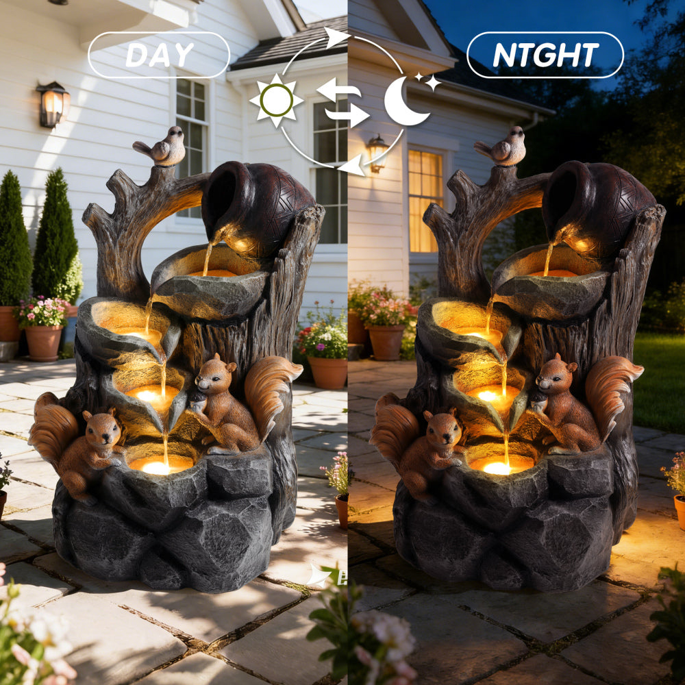 Squirrel Outdoor Water Fountain with LED Lights