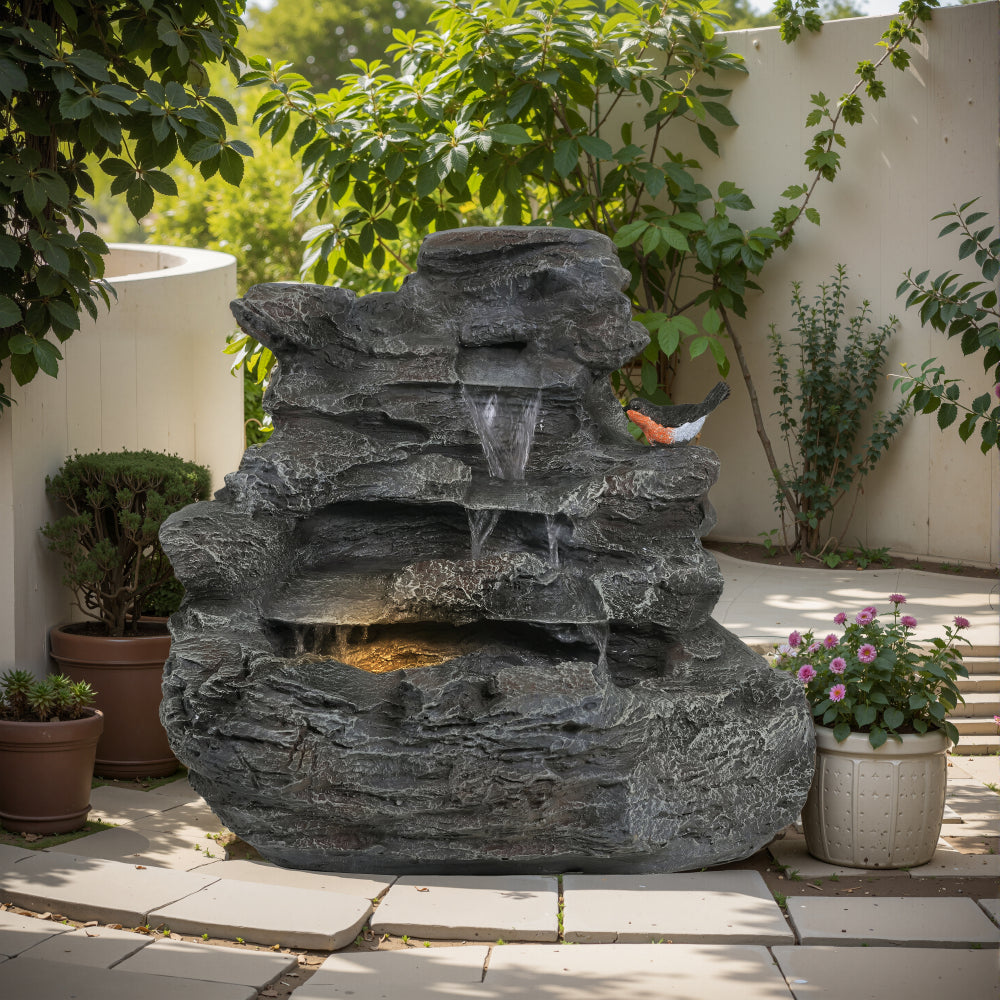 4-Tier Concrete Rock Waterfall Fountain with LED Lights