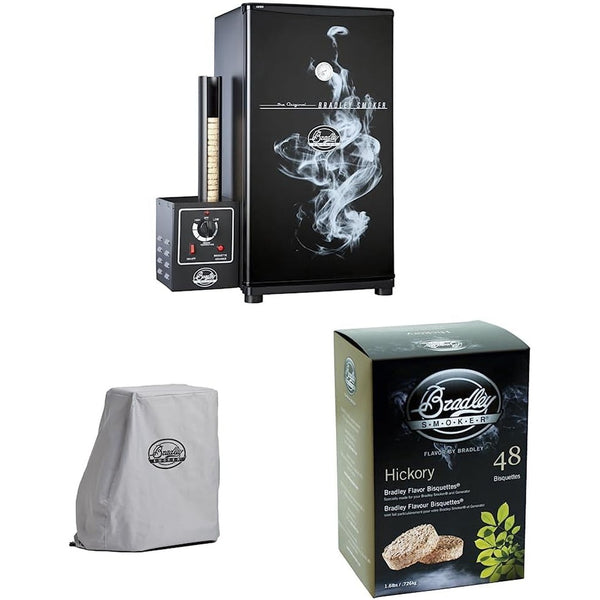 Original Bradley Smoker - BS611 4-Rack Natural Draft Vertical Electric Smoker & 990025 Waterproof Electric Smoker Cover for 4-Rack Digital Smoker, Gray & Bisquettes BTHC48, 48 Pack