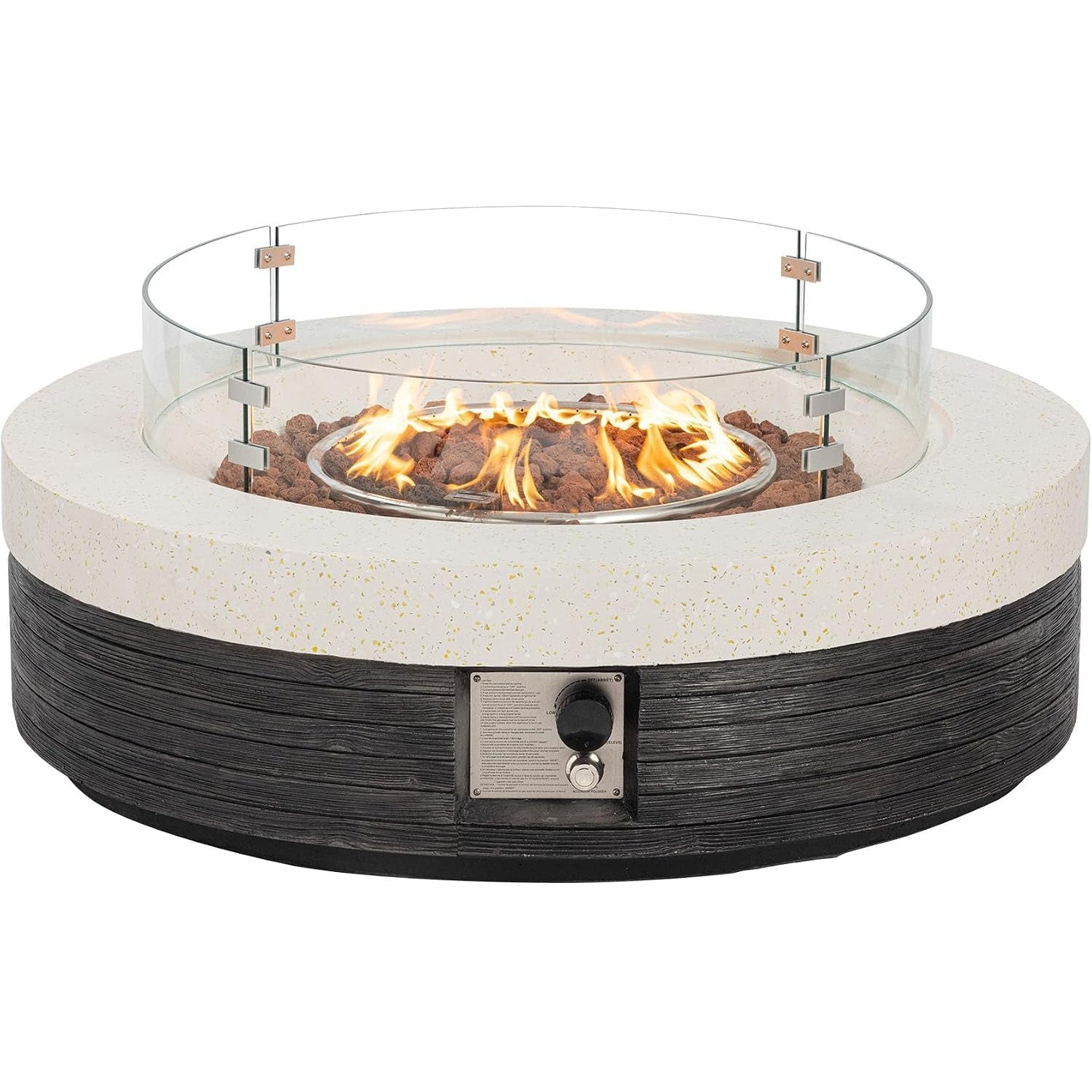 42" Outdoor Propane Fire Pit Table W Tank Cover & Wind Guard, round Gas Fire Pit Table with Concrete & Wood Grain Design, 50000BTU Fire Tables for Patio, Backyard, Garden