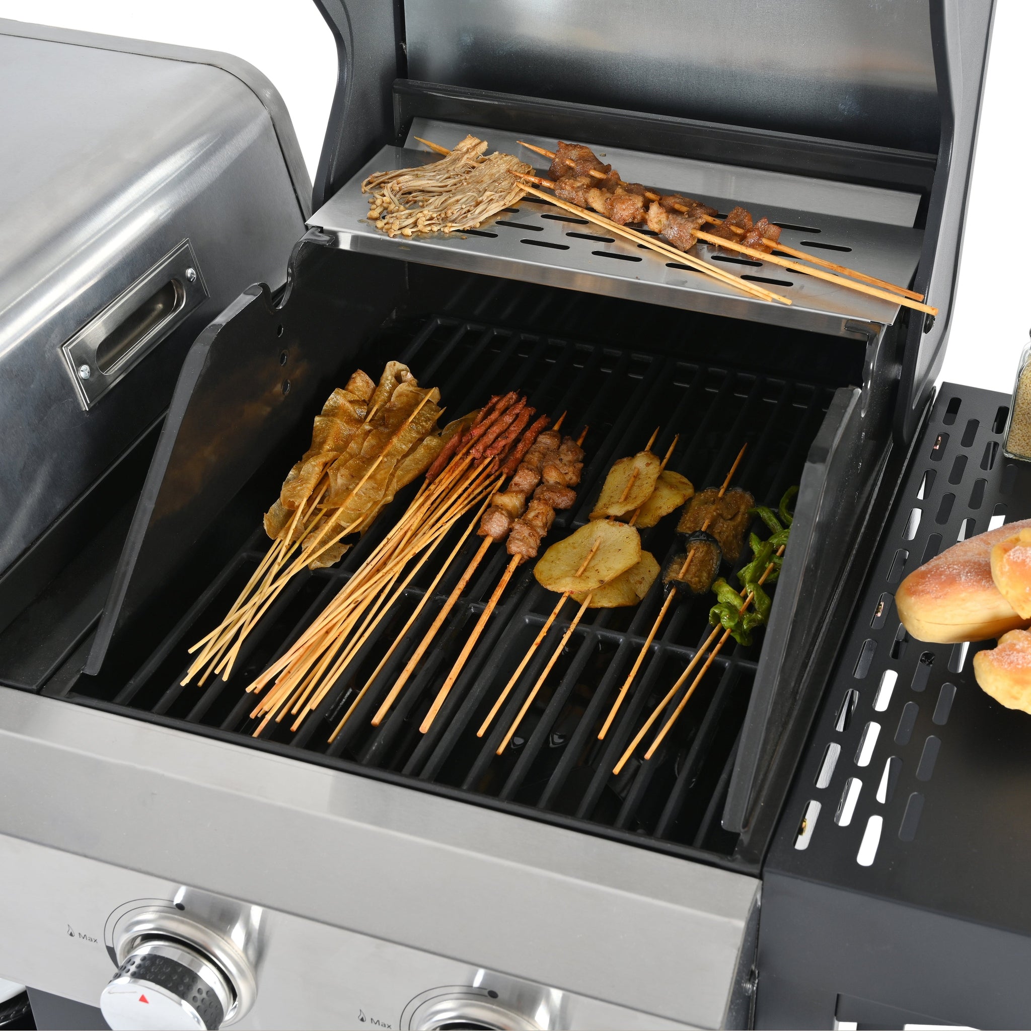 2+2 multifunctional gas barbecue grill and covered grill combination for outdoor cooking