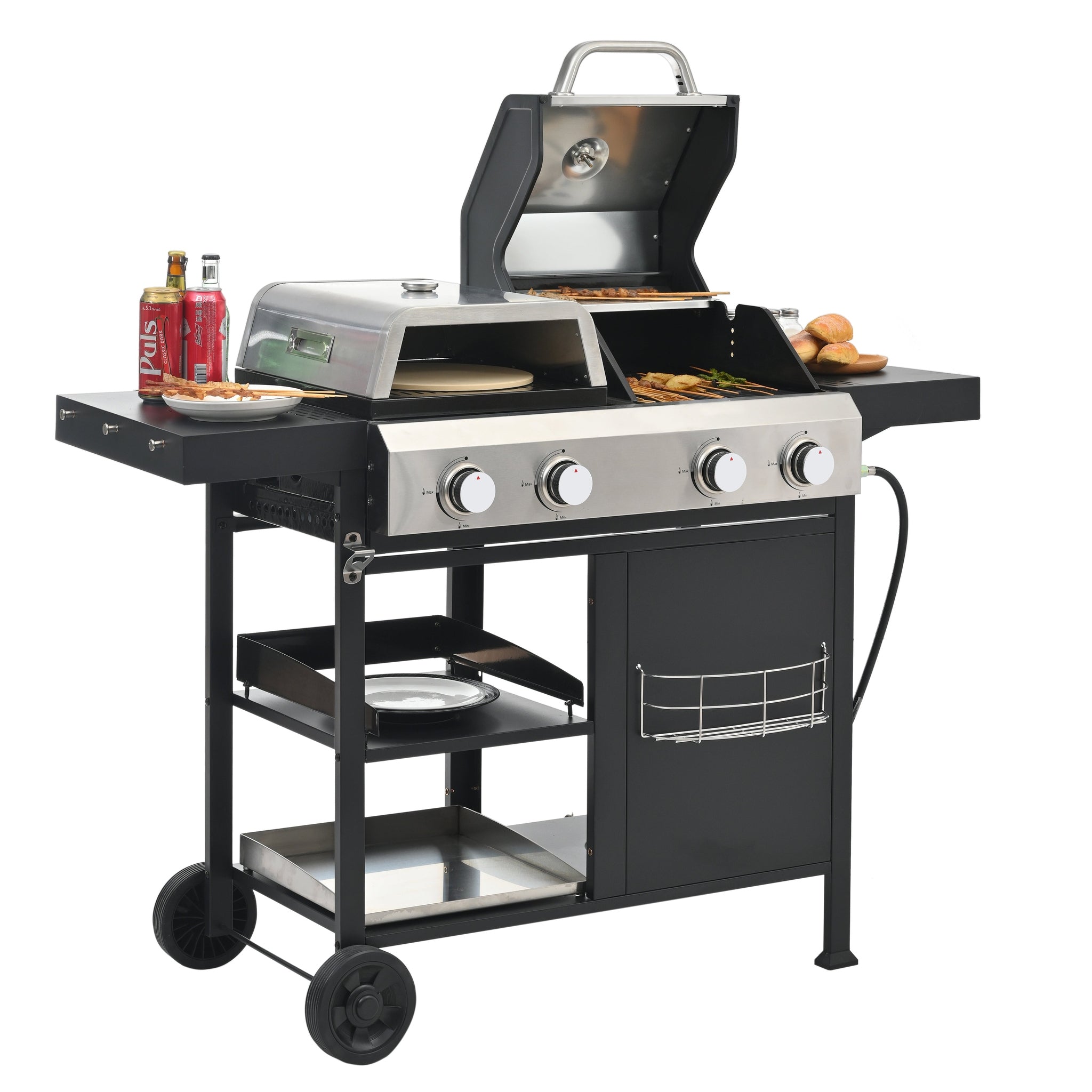 2+2 multifunctional gas barbecue grill and covered grill combination for outdoor cooking