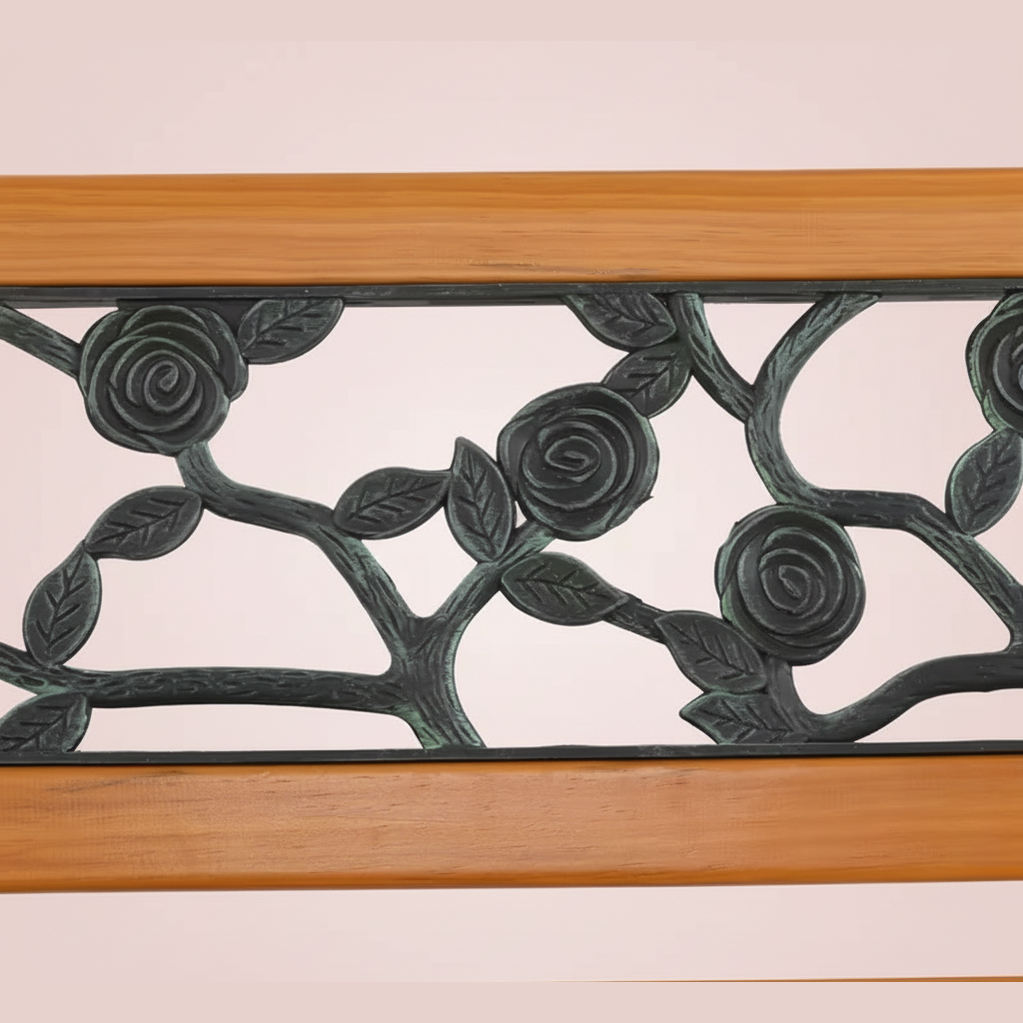 Cast Iron & Wood Outdoor Garden Bench with Ornate Backrest