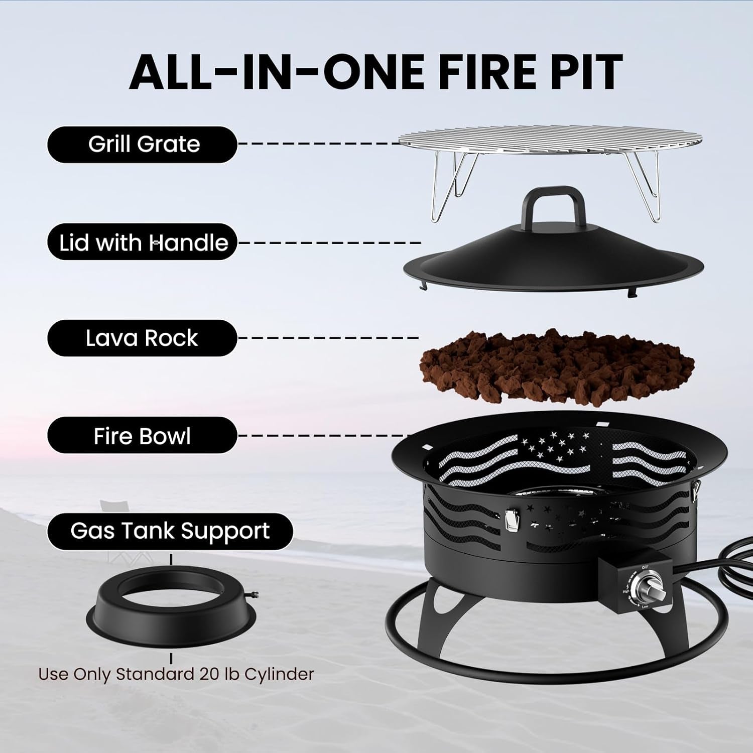 20 Inch Propane Fire Pit, Portable Gas Fire Pit Bowl for Outside, 60,000 BTU Smokeless Outdoor Firepit with Lid & Grill Grate for Patio, Yard, Gardenn, Camping