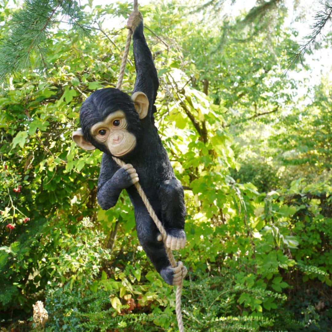 Hanging Monkey Outdoor Decor, Resin Statue on Rope for Front Porch, Patio, Yard, Tree Fence, Garden Ornament, Animal Decoration for outside Spaces, 21.7 In
