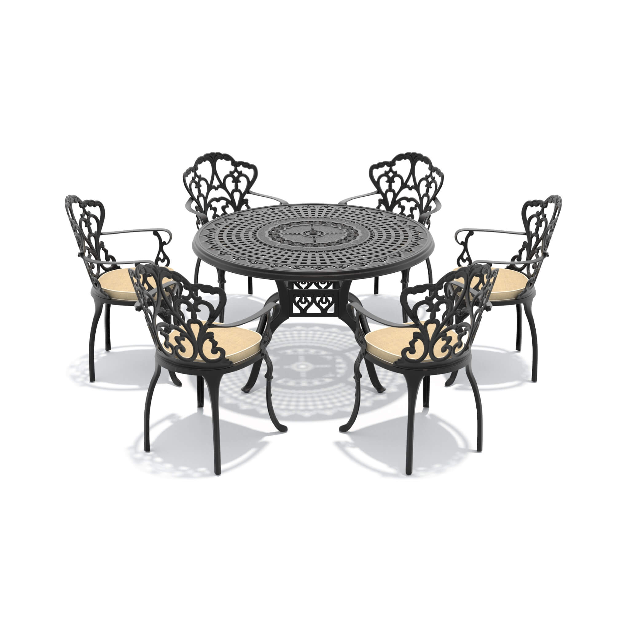 7-Piece Cast Aluminum Patio Furniture Set With Black Frame And Off-White Cushions