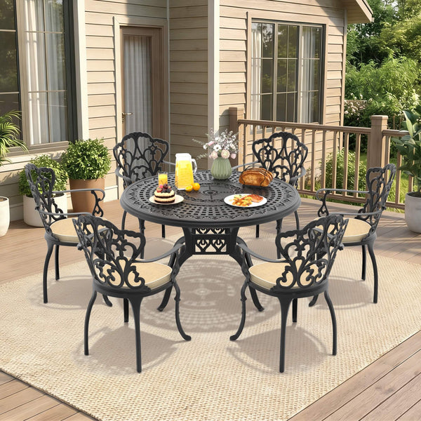 7-Piece Cast Aluminum Patio Furniture Set With Black Frame And Off-White Cushions