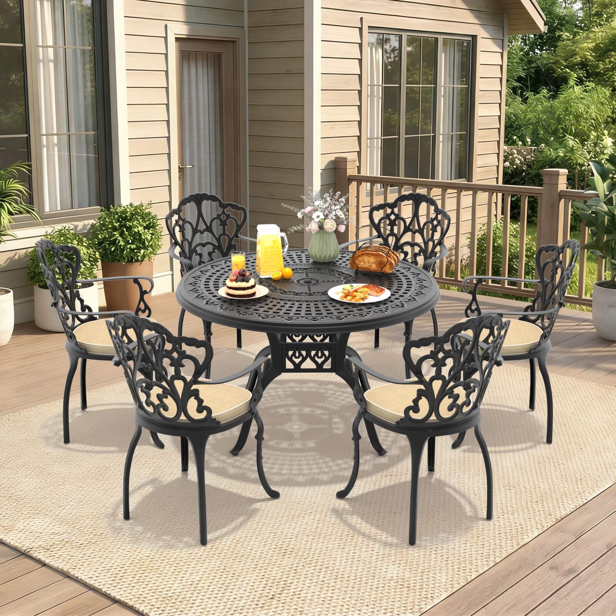 7-Piece Cast Aluminum Patio Furniture Set With Black Frame And Off-White Cushions