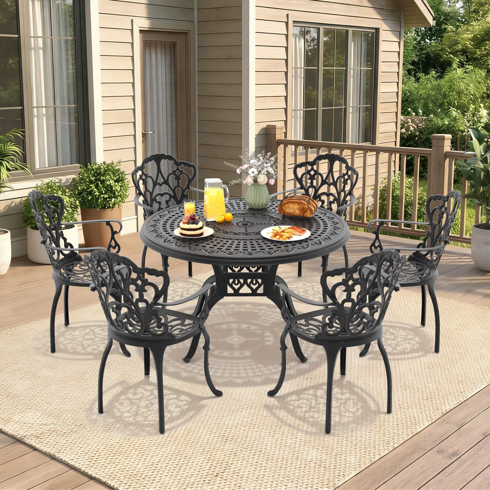 7-Piece Cast Aluminum Patio Furniture Set With Black Frame And Off-White Cushions