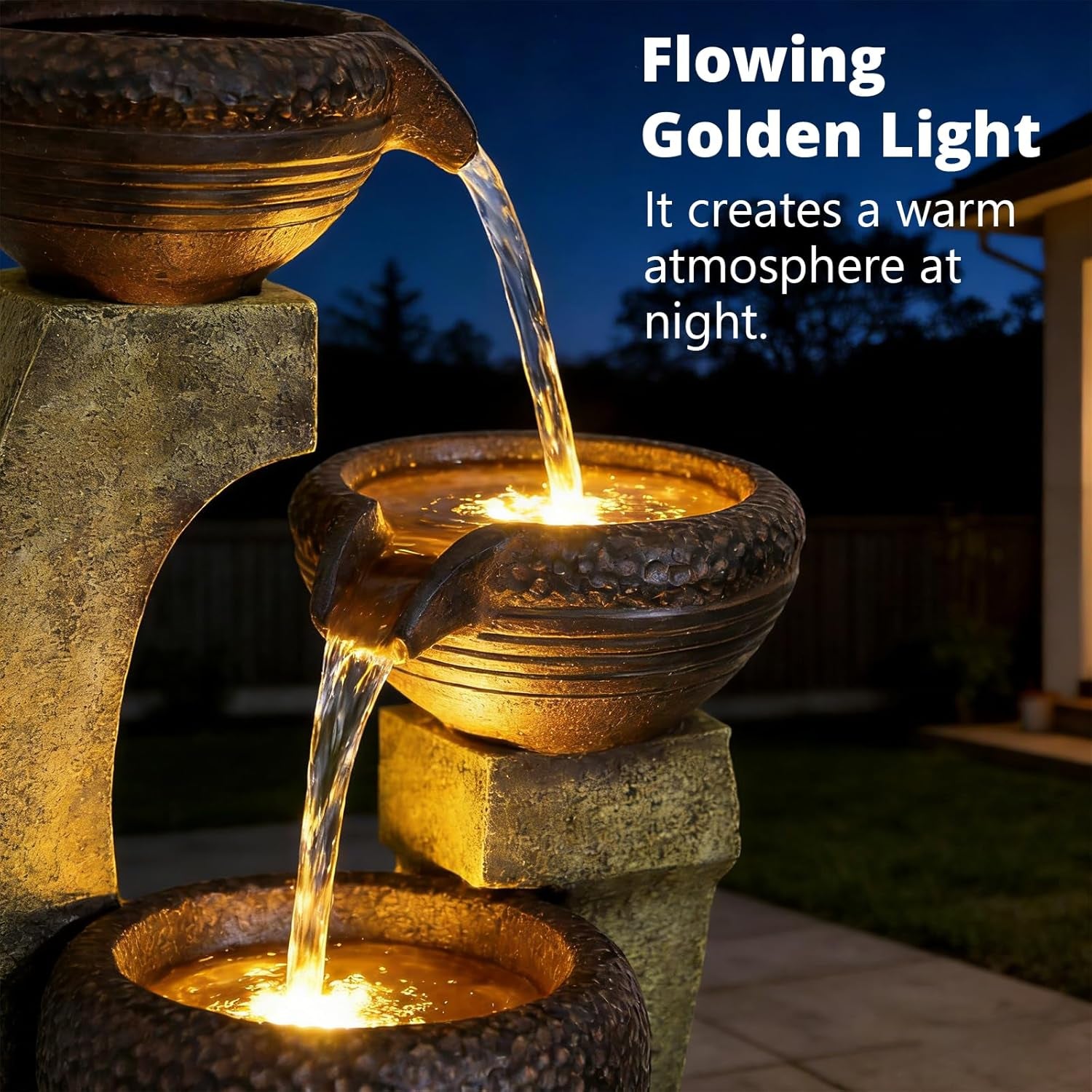 40" Tall Outdoor Water Fountain and Waterfalls - Large Garden Fountain with LED Lights, 4-Tier Crocks, Indoor and Outdoor Fountains for Garden, Patio, Deck, Porch, Backyard and Home, Gray