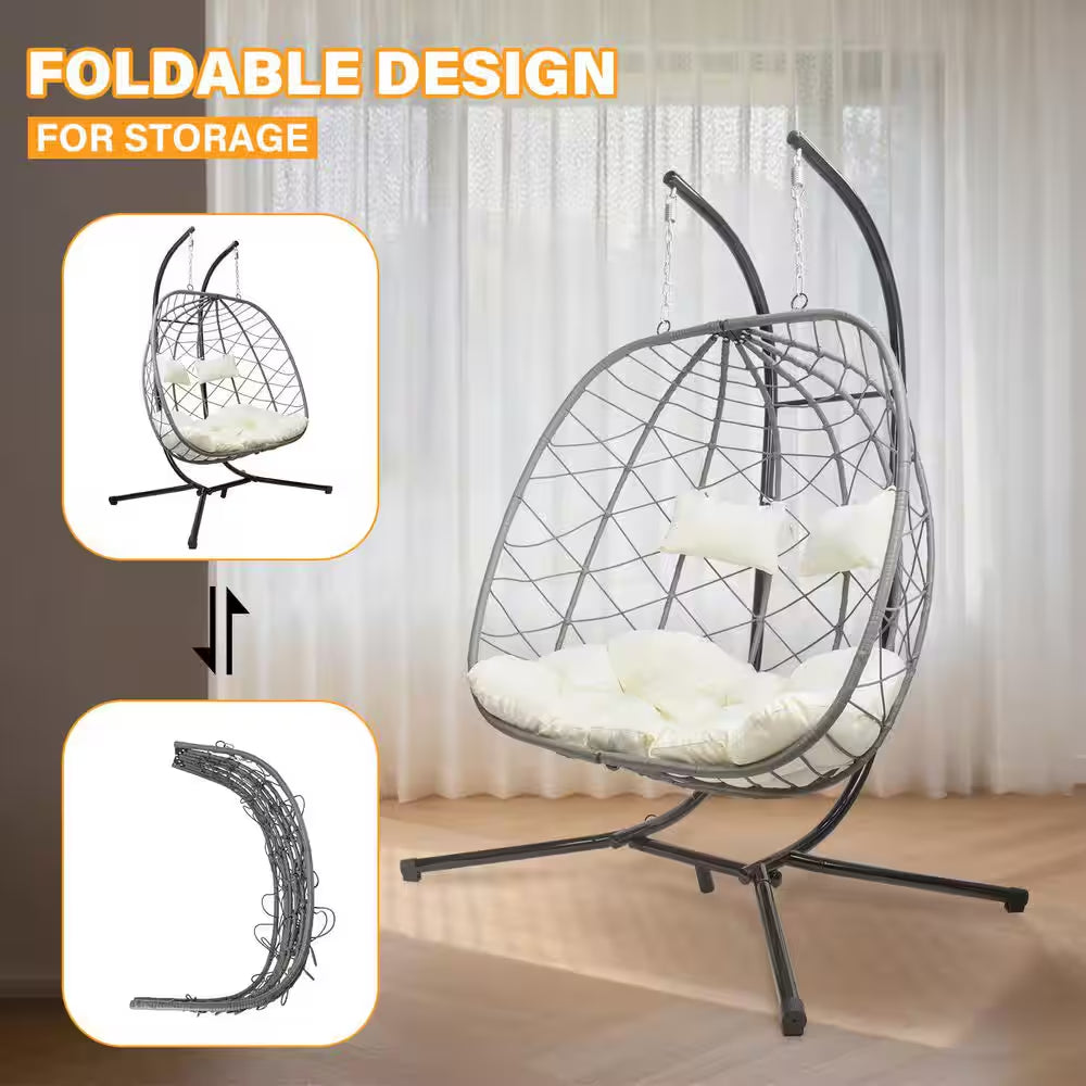 Hanging Swing 2 Seat Chair with Stand, Patio Wicker Hammock Egg Swing with Cushion for Bedroom Garden Indoor Outdoor