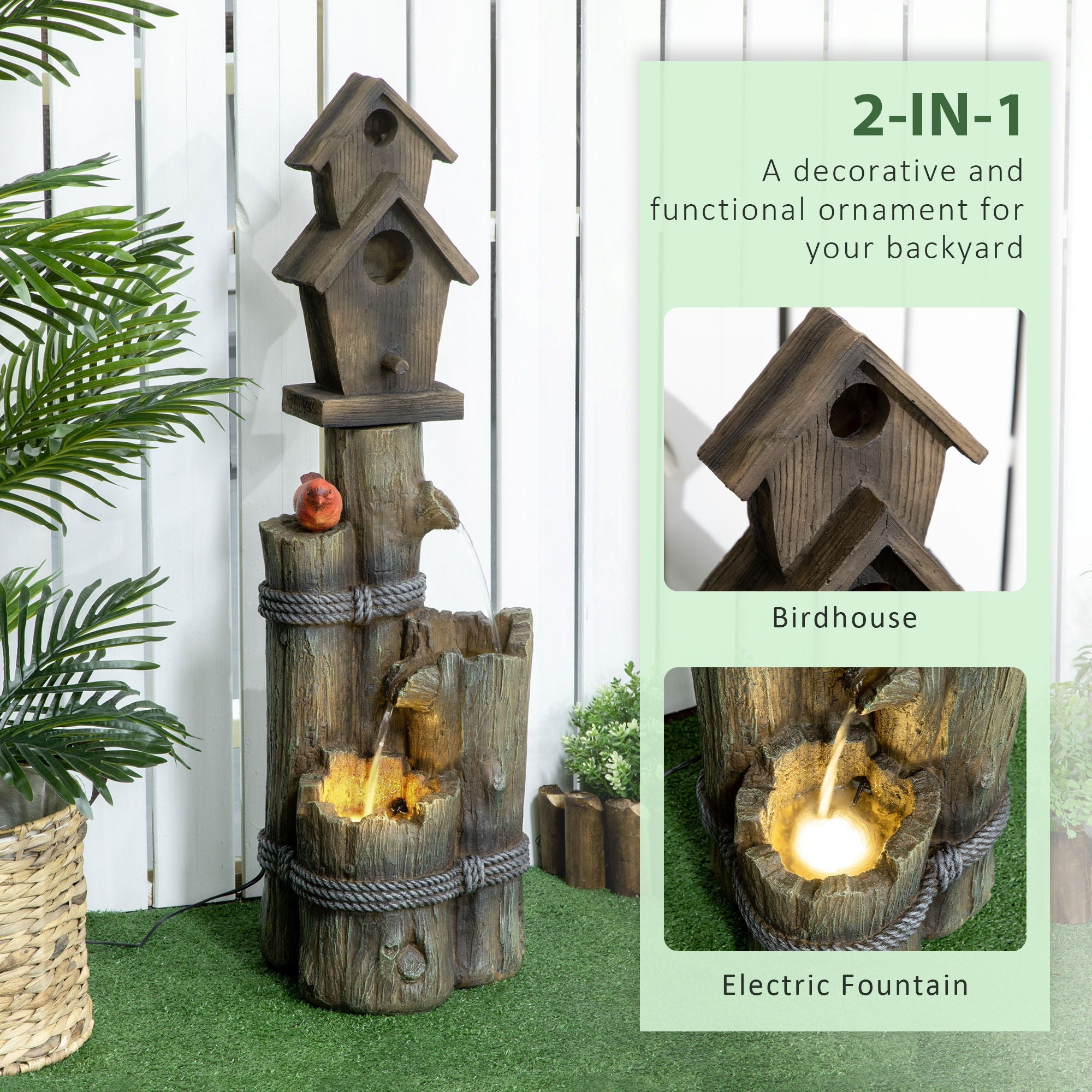 Outdoor Fountain With Birdhouse, Cascading Garden Waterfall