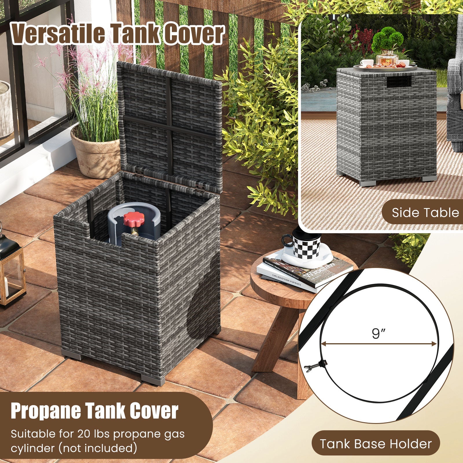 2-Piece Outdoor Rattan Fire Table Set - 32 Inch Rectangle Gas Firepit with Tank Cover - 3 colors