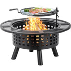 36 Inch Outdoor Fire Pit with Grill,Wood Burning Firepits for outside with Lid & Fire Poker,Metal 3-In-1 Fire Pit Table with Cooking Grate,Outdoor Fireplaces for Bonfire,Yard,Bbqï¼ˆJet Blackï¼‰
