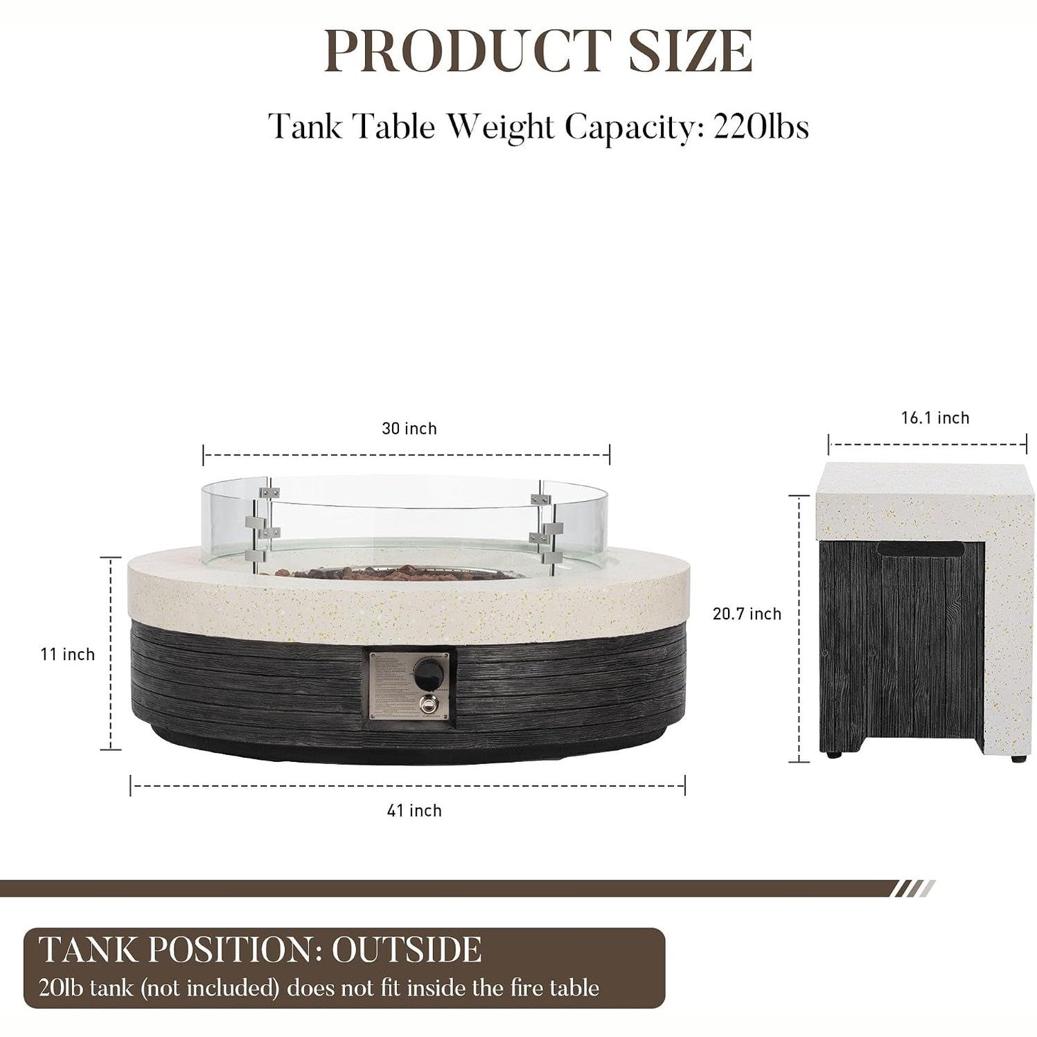 42" Outdoor Propane Fire Pit Table W Tank Cover & Wind Guard, round Gas Fire Pit Table with Concrete & Wood Grain Design, 50000BTU Fire Tables for Patio, Backyard, Garden