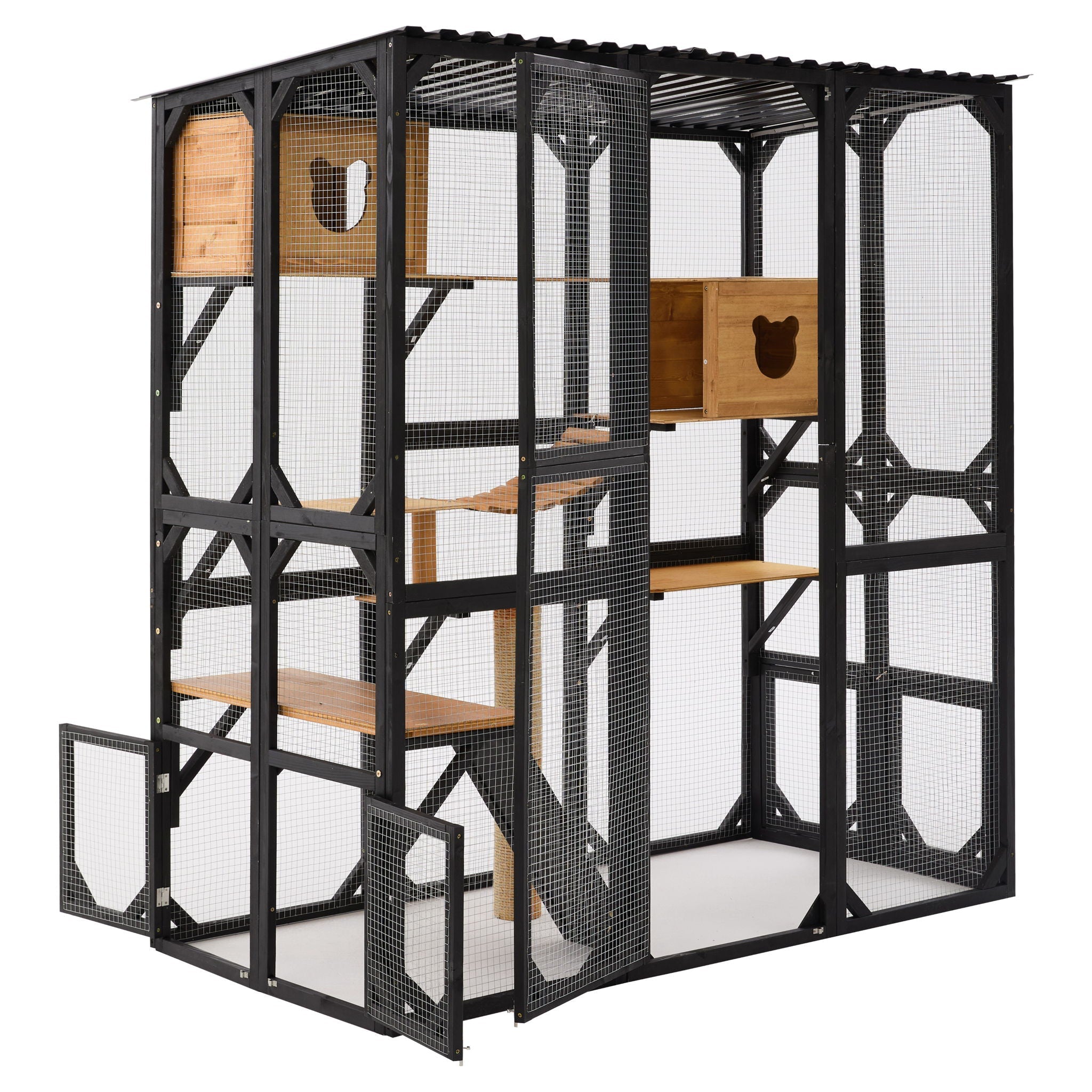 Outdoor Cat Enclosure With Sleeping Houses, Jumping Platforms, & Scratching Post