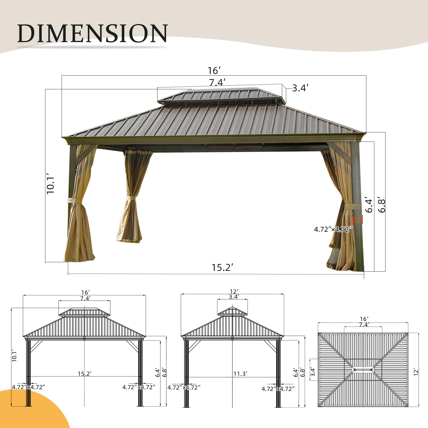 12' x 16' Hardtop Gazebo Outdoor Aluminum Gazebo with Double Canopy