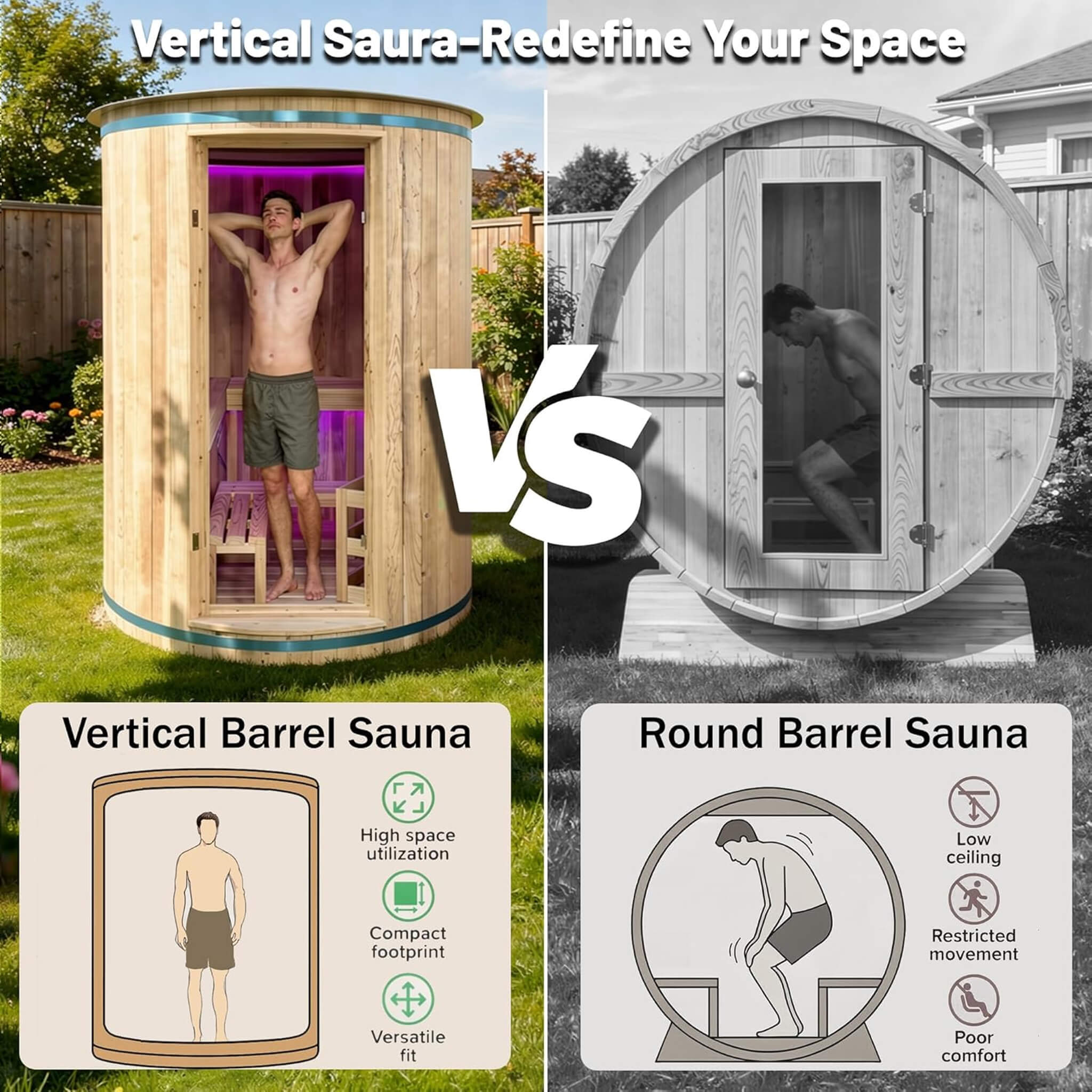 The Barcelona Premium 78-Inch 4-Person Cedar Wood Outdoor Vertical Barrel Sauna with 6KW Heater, LED Lights and Stones