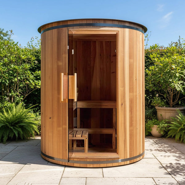 The Barcelona Premium 78-Inch 4-Person Cedar Wood Outdoor Vertical Barrel Sauna with 6KW Heater, LED Lights and Stones