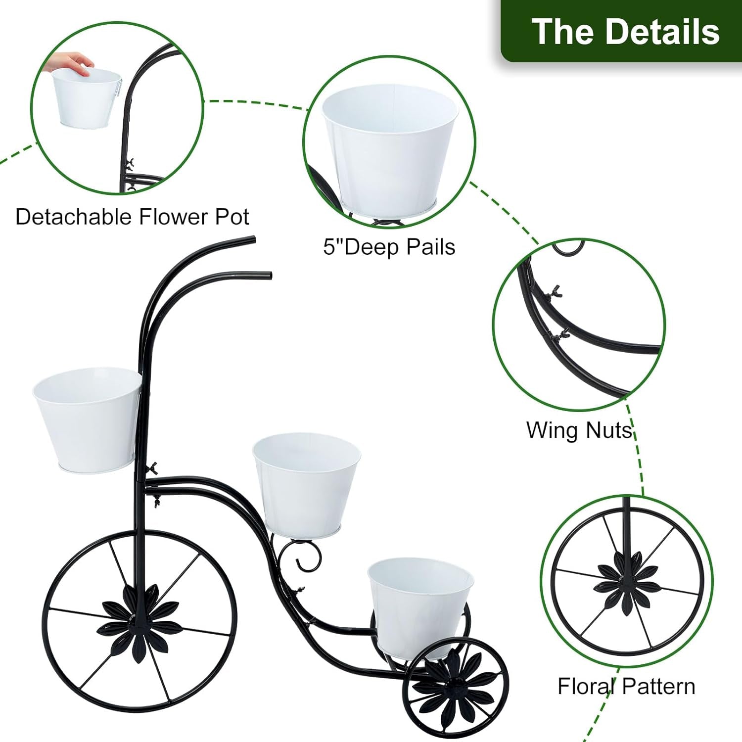 Bicycle Planter Stand, Metal Flower Pot Cart Holder Tricycle Planter with 3 Plant Bucket Outdoor Decorative for Patio, Deck, Garden or Lawn