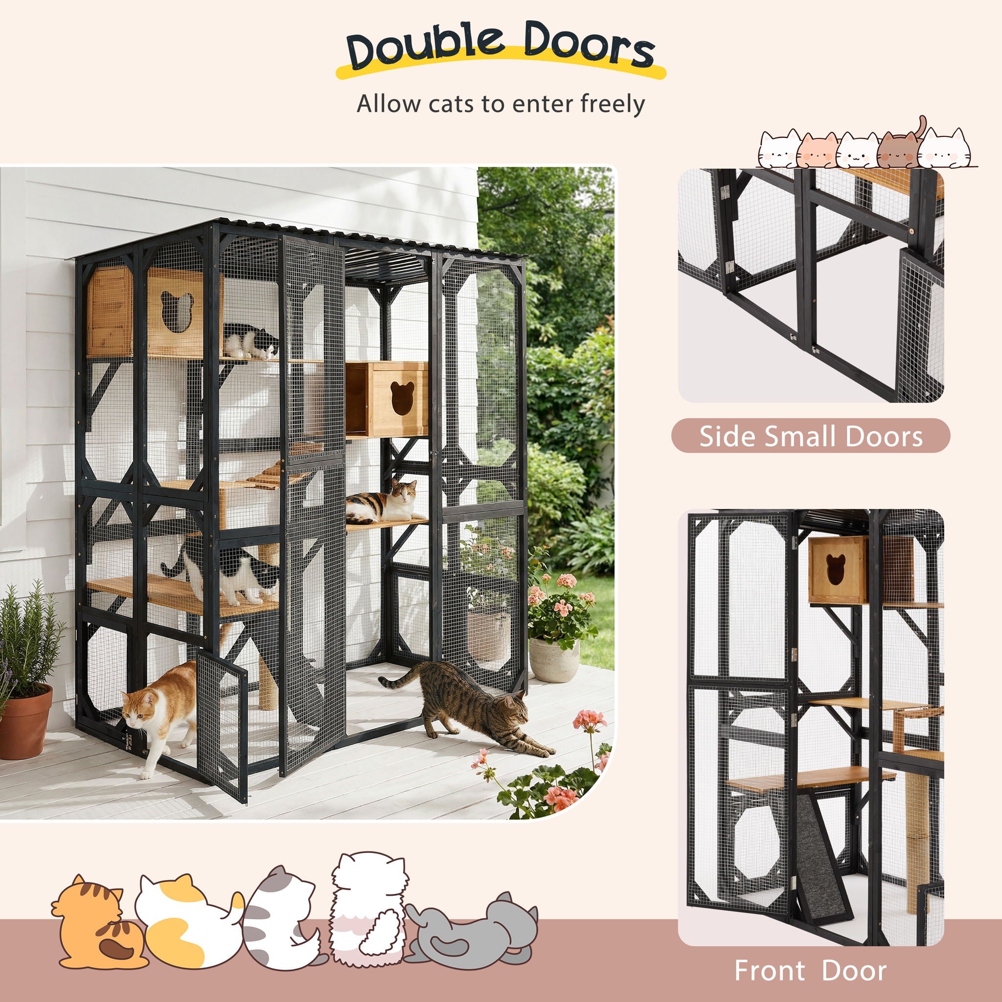 Outdoor Cat Enclosure With Sleeping Houses, Jumping Platforms, & Scratching Post