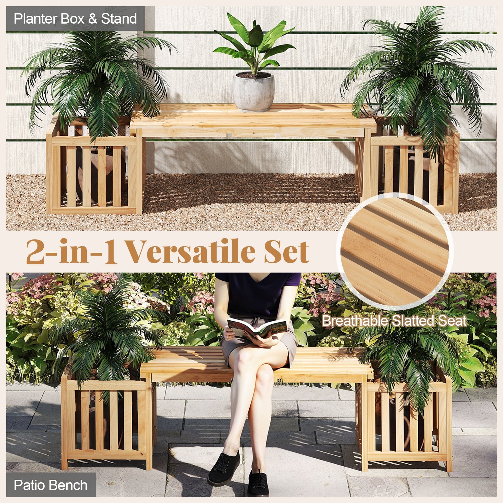 Patio Wooden Bench with Planter 2 Person Patio Bench-Natural