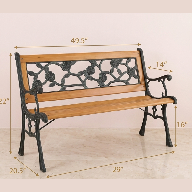 Cast Iron & Wood Outdoor Garden Bench with Ornate Backrest