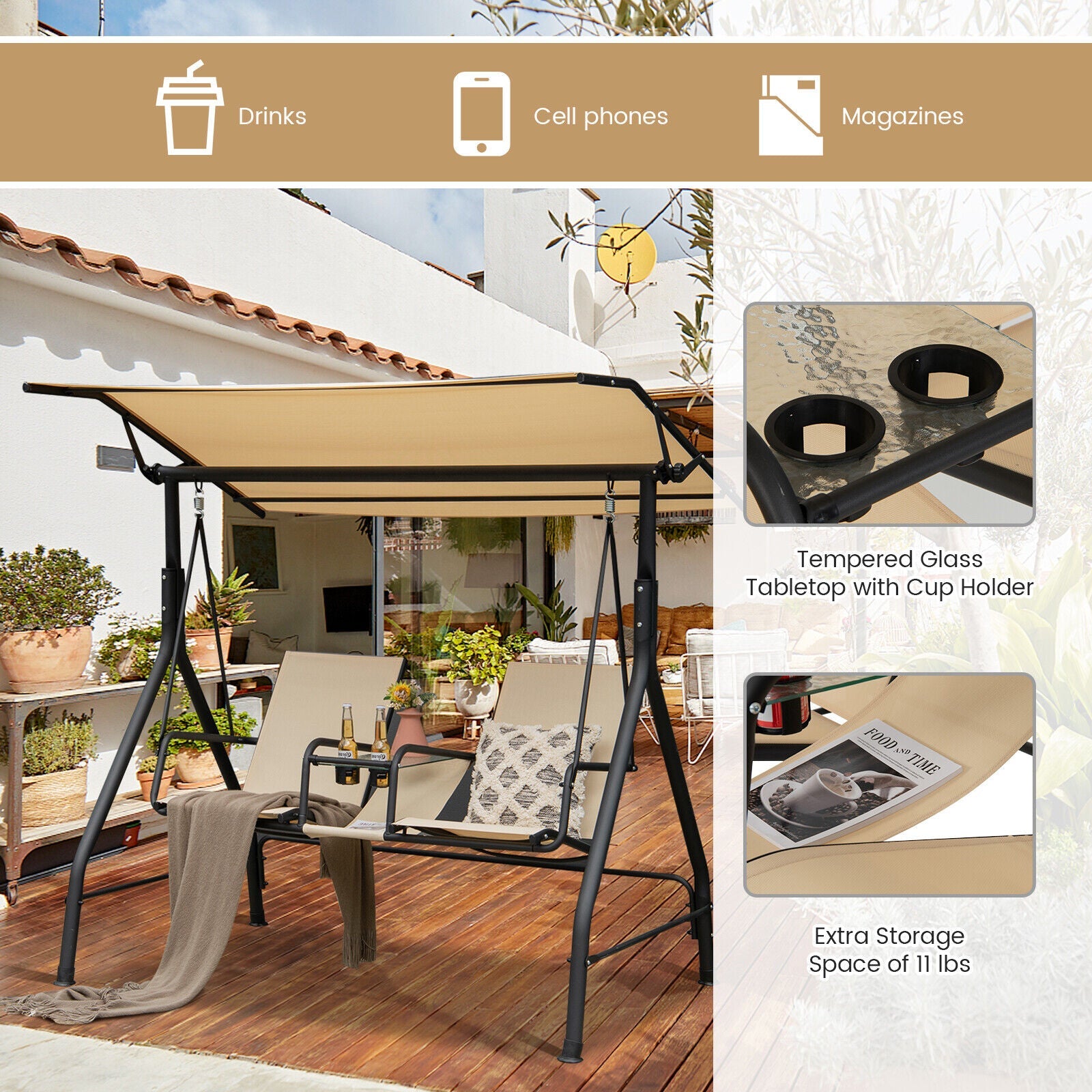 2-Seat Outdoor Cushioned Porch Swing with Adjustable Canopy and Tempered Glass Table