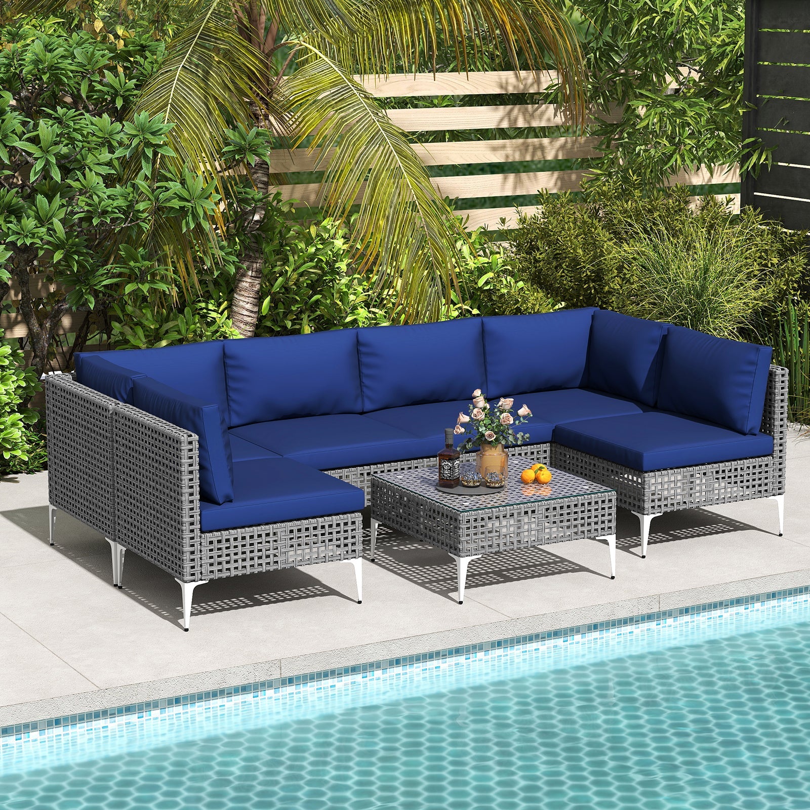 7 Piece Outdoor Furniture Set - Wicker Chairs with Tempered Glass Coffee Table