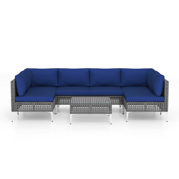 7 Piece Outdoor Furniture Set - Wicker Chairs with Tempered Glass Coffee Table