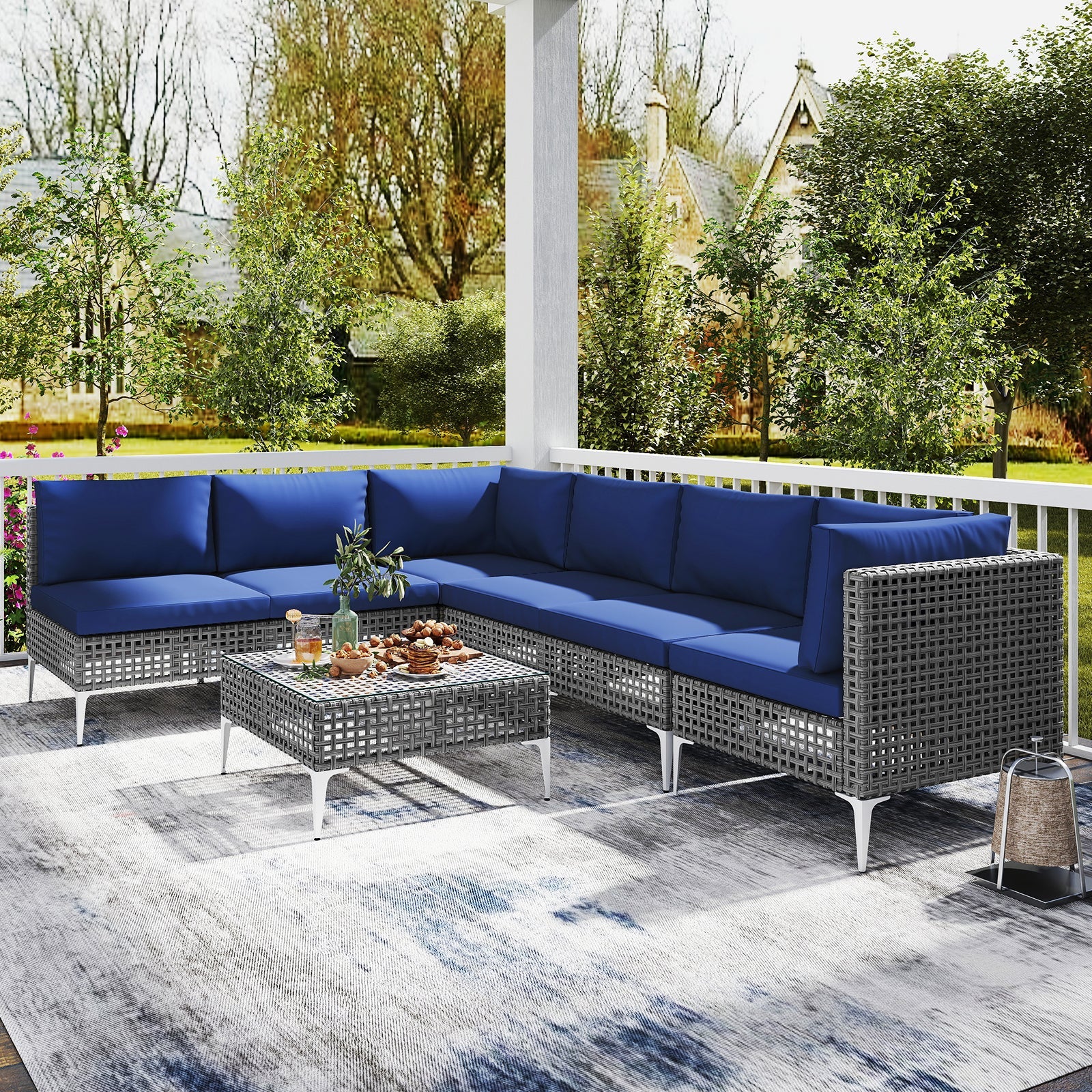 7 Piece Outdoor Furniture Set - Wicker Chairs with Tempered Glass Coffee Table