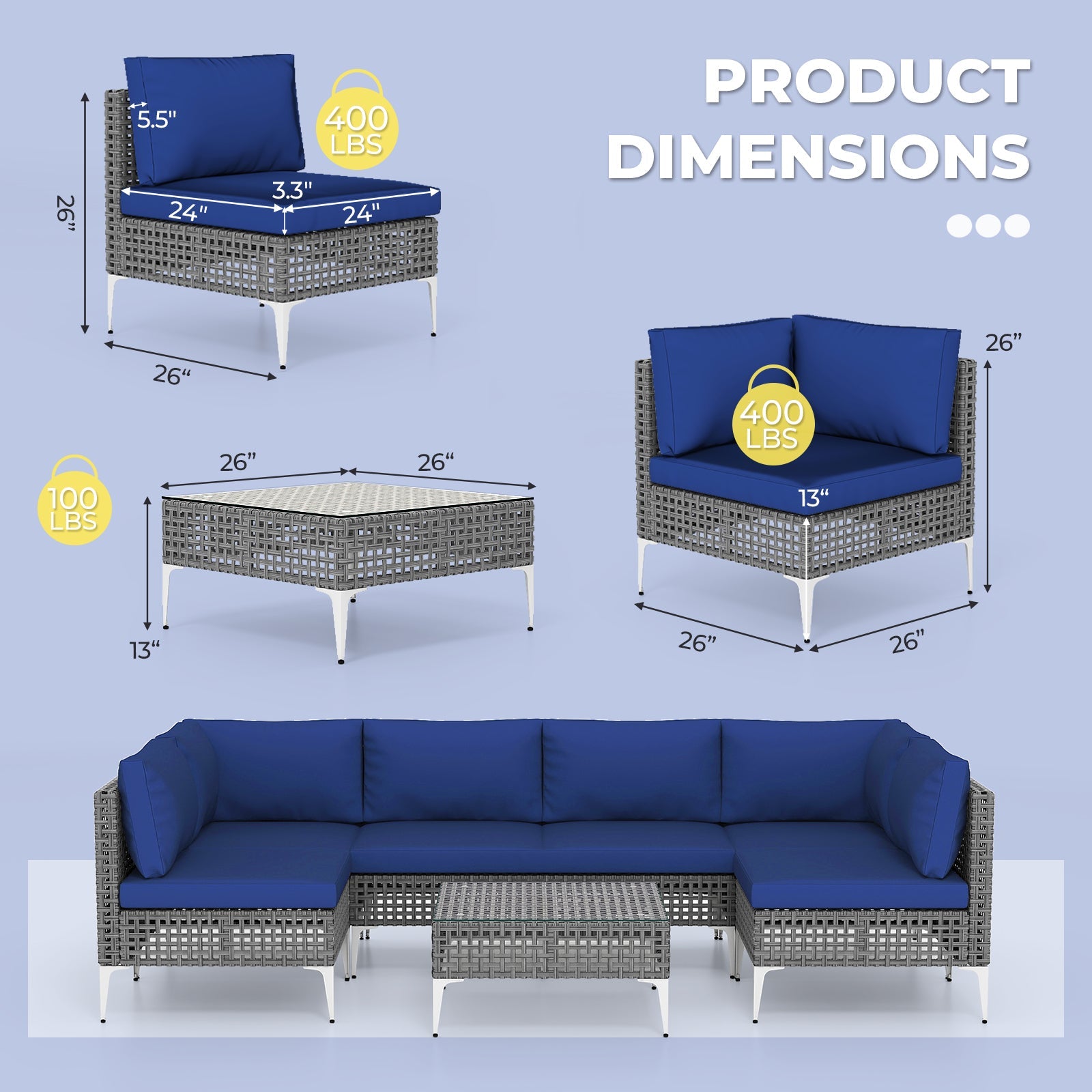 7 Piece Outdoor Furniture Set - Wicker Chairs with Tempered Glass Coffee Table